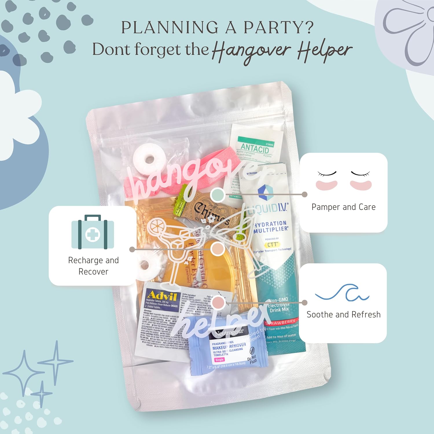 Hangover Kit (1 Pack) Pre Filled Party Favors, Goodie Bags, Gift for Bachelorette, Wedding, 21st Birthday, Girls Trip and All Celebrations