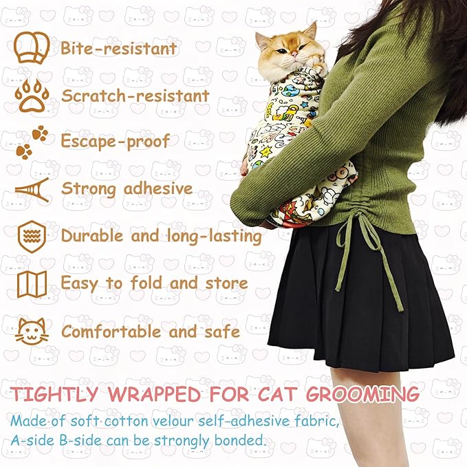 Cat Grooming Restraint Wrap – Self-Adhering Swaddle for Nail Clipping, Anti-Scratch & Escape-Proof, Calming Cat Swaddle Wrap for Grooming or Medication (Large, for 7–12 Month Kittens)-PawvioPets