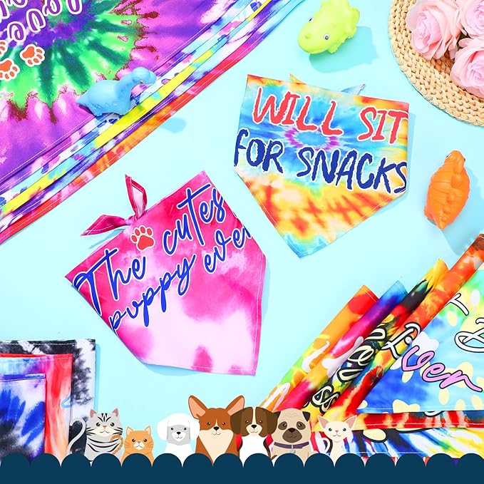 50 Pcs Tie Dye Dog Bandanas Bulk Pet Bibs Colorful Triangle Scarf Tie Dye with Sayings Pet Bandanas for Medium Large Dogs Spring Summer Birthday Costume Decor-PawvioPets