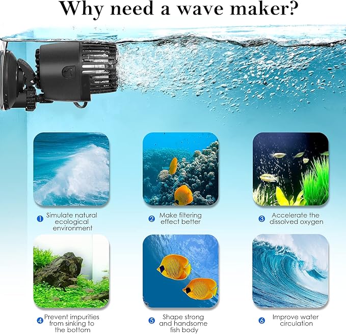 AQQA Aquarium Wave Maker,3W/5W/10W/15W Suction Cup Fish Tank Single Powerhead Pump，110V/60Hz Ultra Quiet Submersible Circulation Pump,360°Adjustable For Freshwater Saltwater Black-PawvioPets