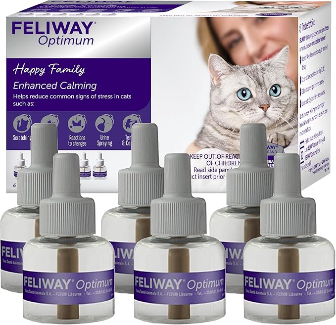 FELIWAY Optimum 6 x 30 Day Cat Calming Refills for Pheromone Diffuser, 6 x 48ml Value Pack - Helps Reduce Common Signs of Stress in Cats & Kittens, Enhanced Calming-PawvioPets