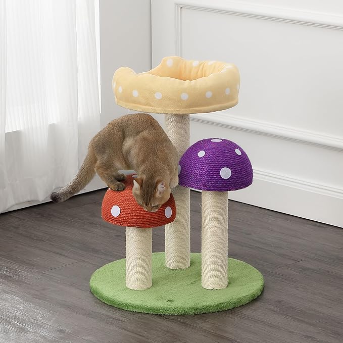 CTR1001A Pixie 22.5" 3-Tier Cottage Sisal Mushroom Cat Tree with Scratching Posts, Napping Perch, and Dangling Bell Toy, Multi-PawvioPets
