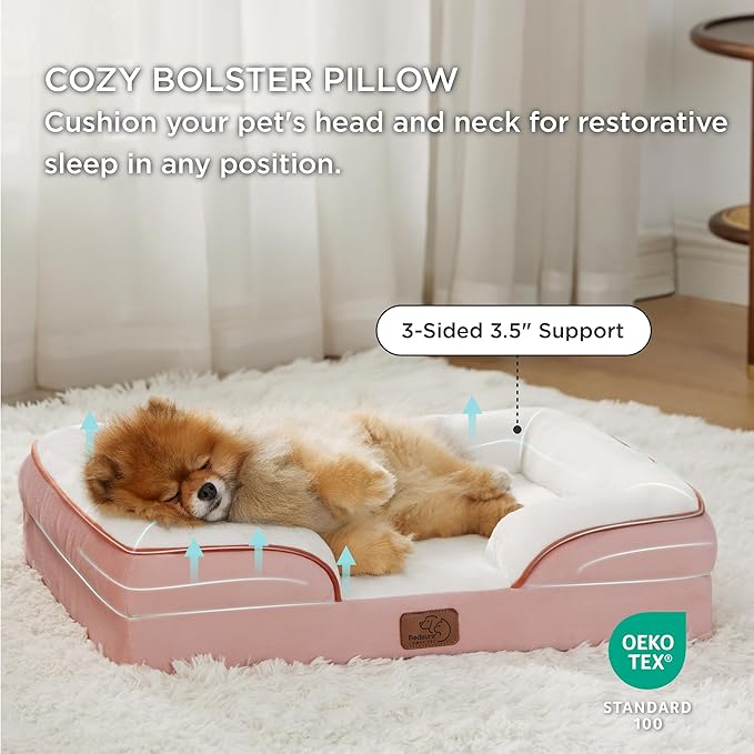 Bedsure Small Orthopedic Dog Bed - Washable Bolster Dog Sofa Beds for Small Dogs, Supportive Foam Pet Couch Bed with Removable Washable Cover, Waterproof Lining and Nonskid Bottom Couch, Pink-PawvioPets
