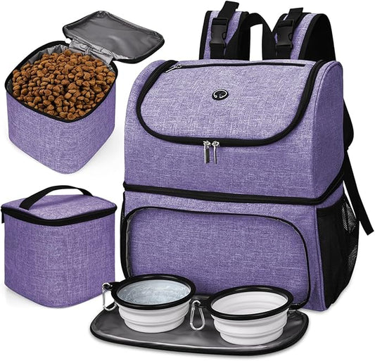 BAGLHER Pet Travel Bag, Double-Layer Pet Supplies Backpack (for All Pet Travel Supplies), Pet Travel Backpack with 2 Silicone Collapsible Bowls and 2 Food Baskets Purple-PawvioPets