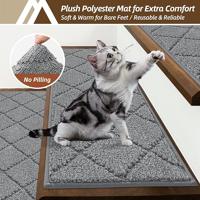 COSY HOMEER Stair Treads for Wooden Steps 9"x28" Washable Indoor Carpet Stair Treads Non Slip Soft Polyester Stair Carpet Tread Reusable Stair Runner Rugs for Kids, Elders,Pets,Medium Grey,10pcs-PawvioPets