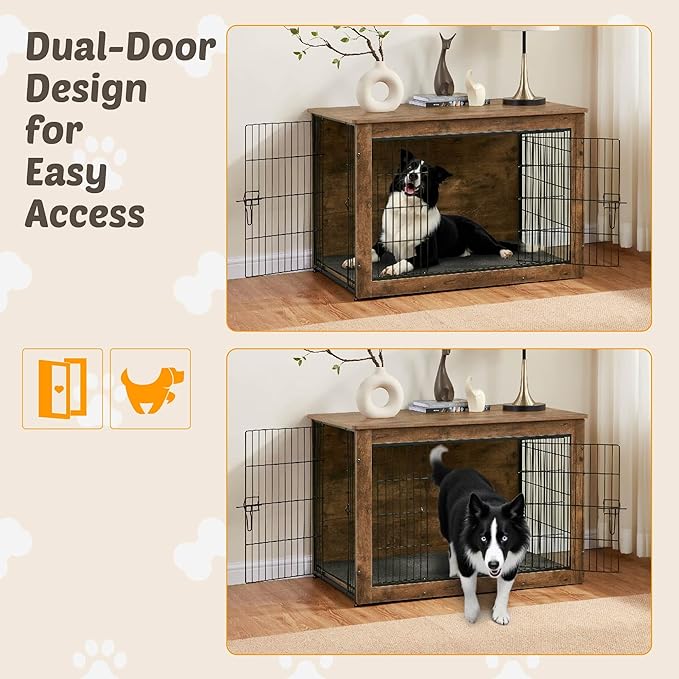 Dog Kennel Furniture, Wooden Dog Crate End Table with Dual Doors, Chew-Proof Design & Cushion, Heavy Duty Dog Crate, Decorative Pet Crate Dog Cage for Indoor (39 Inch)-PawvioPets