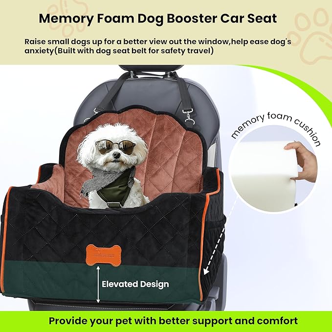 Dog Car Seat for Small Dogs Under 30lbs, Detachable Washable Pet Booster Seat with Safety Belt & Storage Pockets, Travel Car Bed, Black/Brown-PawvioPets