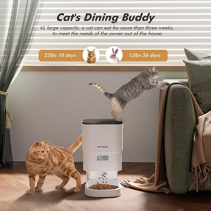 Automatic Cat Feeder - Nityers 4L Timed Cat Dry Food Dispenser, Programmable Portion Size,1-6 Meals Per Day, Dual Power Supply, Detachable Washable, Auto Pet Feeder for Cats and Small Dogs-PawvioPets