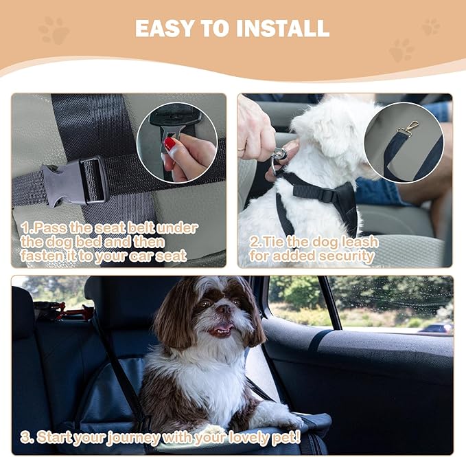 Dog Car Seat for Small Dogs, Large Leather Dog Car Bed with Storage Pocket, Waterproof PVC Leather Booster Seat Travel Bed for Front & Back Seat, Clip-On Safety Leash (Grey)-PawvioPets