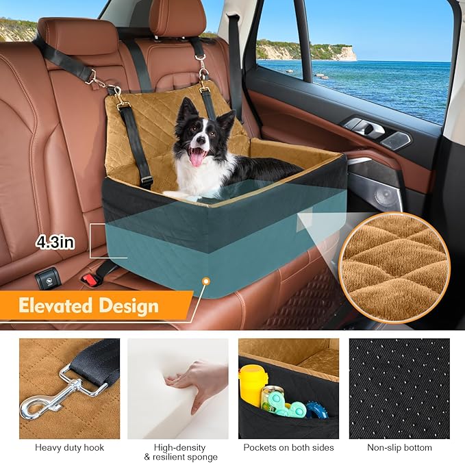 Dog Car Seat for Large Medium Dogs,Washable Pet Car Seat Under 55 lbs or 2 Small Dogs,Dog Booster Seat with Thick Cushion,2 Safety Leashes Travel Car Dog Bed-PawvioPets