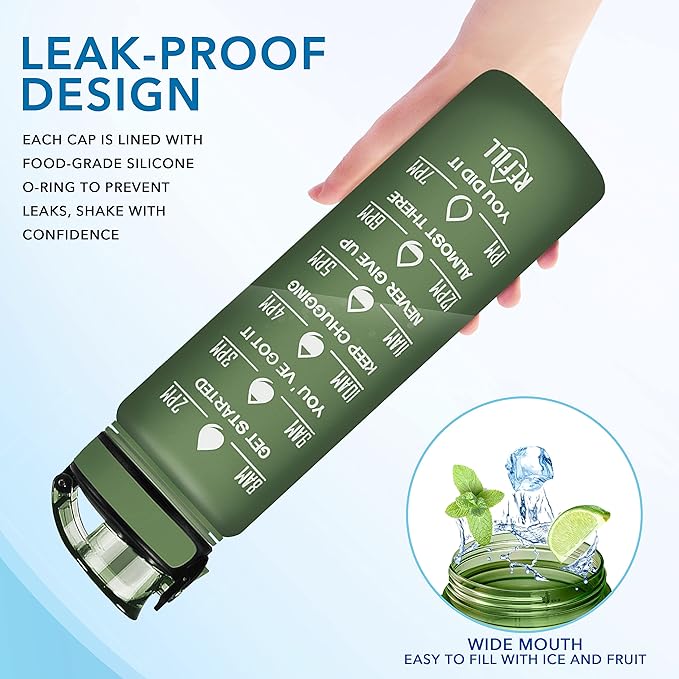 Enerbone Water Bottle, Leakproof BPA & Toxic Free, Motivational Water Bottle with Times to Drink and Straw, Fitness Sports Water Bottle with Strap for Office, Gym, Outdoor Sports-PawvioPets