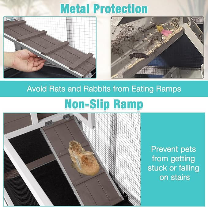 62" Rabbit Hutch with Chew-Proof Ramp & Waterproof Roof - Indoor/Outdoor Bunny Cage, 2-Story Design, 6 Lockable Caster Wheels & Dual Pull-Out Trays (Brown)-PawvioPets