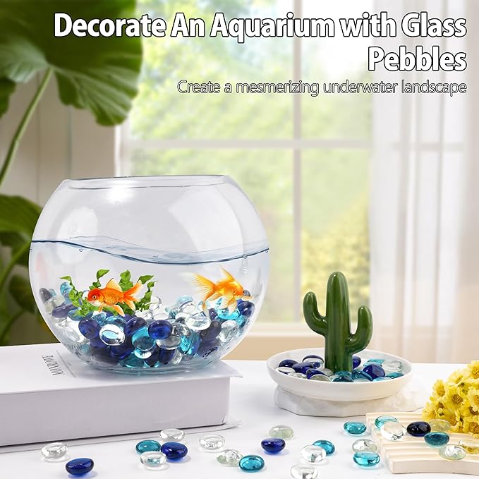 1LB Mixed Blue Glass Marbles, Transparent and Smooth Flat Glass Beads for Vases, Mosaic Gem Pebbles for Aquarium Decor, Floral Arrangements, Mancala Stones, Vase Filler and Crafts (Approx. 80-100 PCS)-PawvioPets