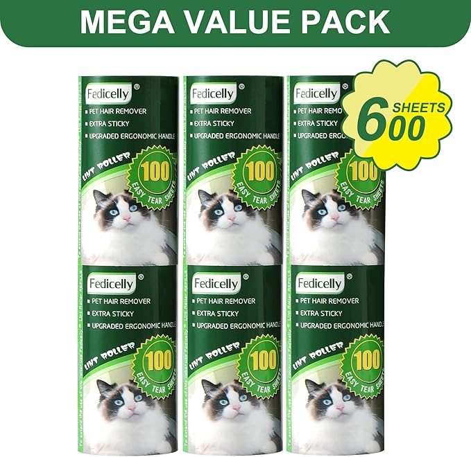 Fedicelly Lint Rollers Pet Hair Extra Sticky Refills,Mega Value Set 600 Sheets for Cat and Dog Hair Removal,100 Sheets Per Roller (Pack of 6)-PawvioPets