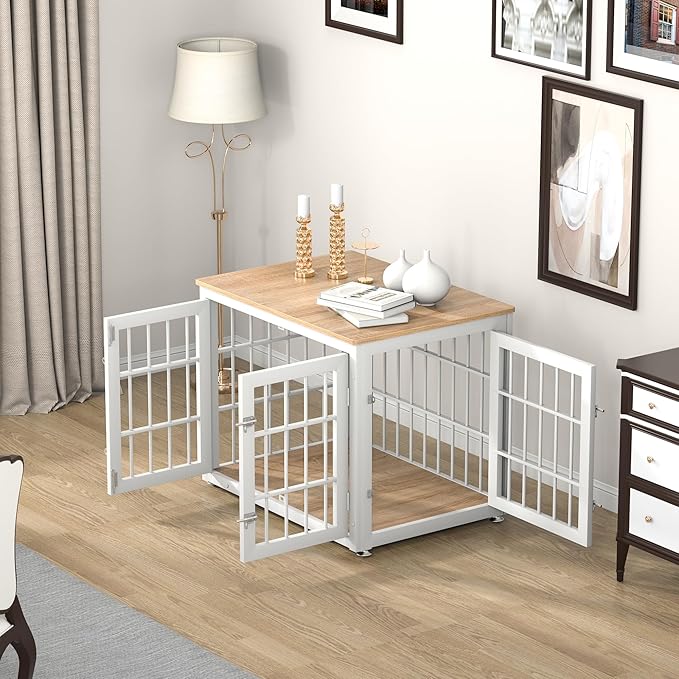 32 Inch Heavy Duty Dog Crate Furniture for Medium and Small Dogs, Decorative Pet House End Table, Wooden Cage Kennel Furniture Indoor, Natural and White-PawvioPets