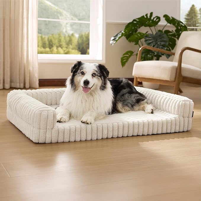 Bedsure Orthopedic Dog Beds for Extra Large Dogs, Waterproof Memory Foam XL Pet Bed with Sides, Non-Slip and Egg-Crate Foam Big Dog Couch Sofa with Washable Removable Corduroy Cover, Cream-PawvioPets