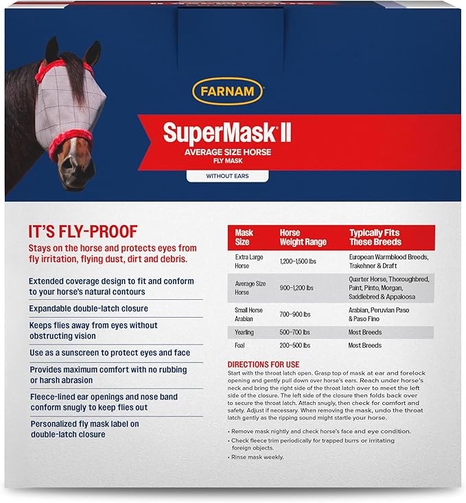 Farnam SuperMask II horse fly mask without ears, extended coverage, protects eyes from insects and debris, adjustable throat latch, Average Horse Size-PawvioPets