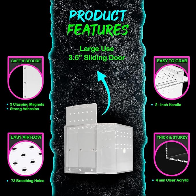 Coffin Shaped Jumping Spider Enclosure 9.5”x7.5”x5” Tarantula Enclosure Reptile Terrarium w/Sliding Magnetic Door. Great Reptile Tank Acrylic Aquarium Spider Box for Terrestrial or Arboreal Animal.-PawvioPets