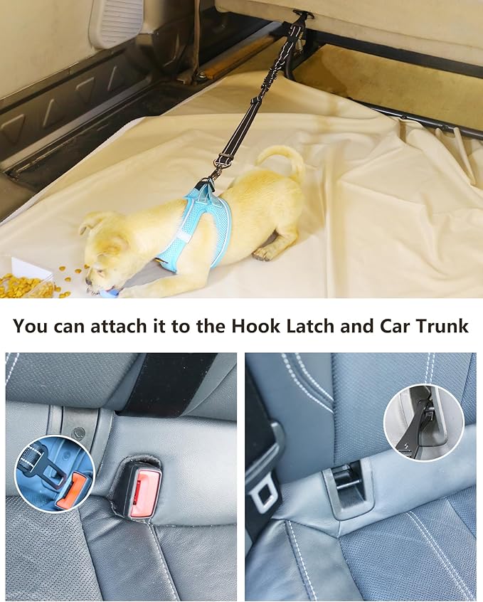 AUBELL Dog Seat Belt for Car,Updated 3-in-1 Adjustable Reflective Bungee Heavy Duty Dog Car Harness Tether with Clip Hook Latch & Buckle,Swivel Zinc Alloy Carabiner,Black-PawvioPets