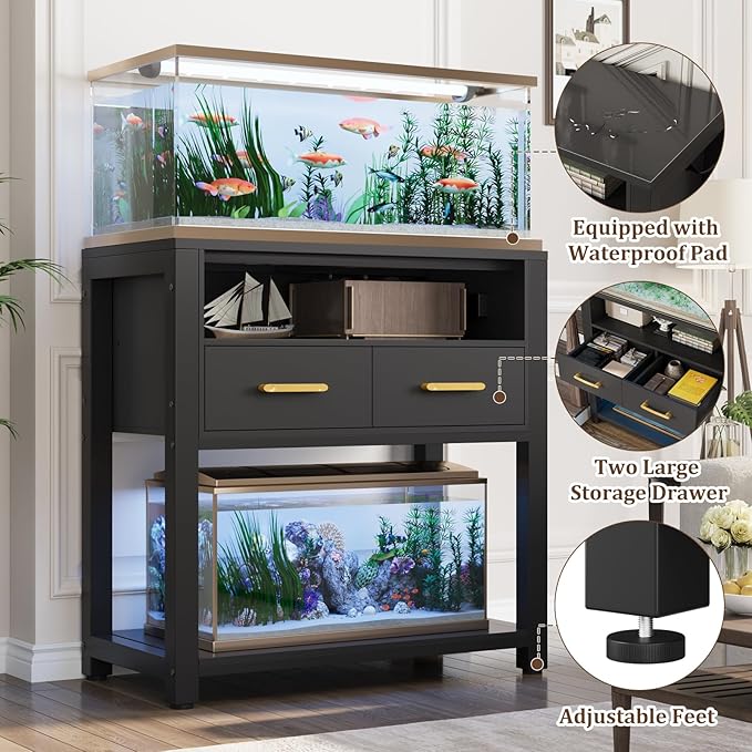 20-29 Gallon Aquarium Stand with Stable Metal Frame & Power Outlet, Heavy-Duty Fish Tank Stand with Waterproof Mat, 550LBS Capacity Storage Cabinet, Black-PawvioPets