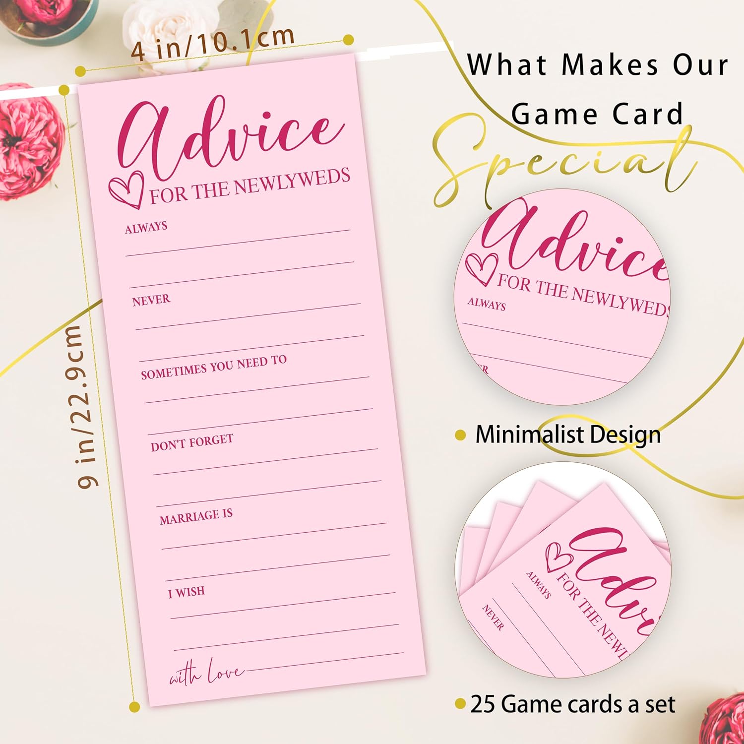 25 Wedding Advice Cards for Bridal Shower Games, Pink Advice and Wishes Cards for Bride and Groom, Newlyweds, 4X9 Inch Minimalist Guest Interaction Activity-A09