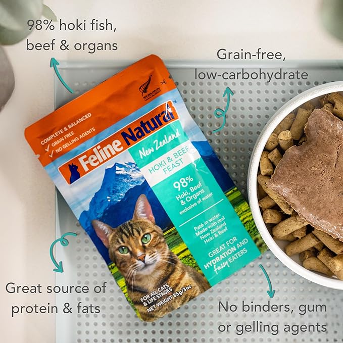Feline Natural Wet Cat Food Pouch - Hoki & Beef Feast, Grain-Free, Grass-Fed & Sustainably Sourced Wet Food for Cats - Made in New Zealand, 3oz Pate, 12 Count Pack-PawvioPets
