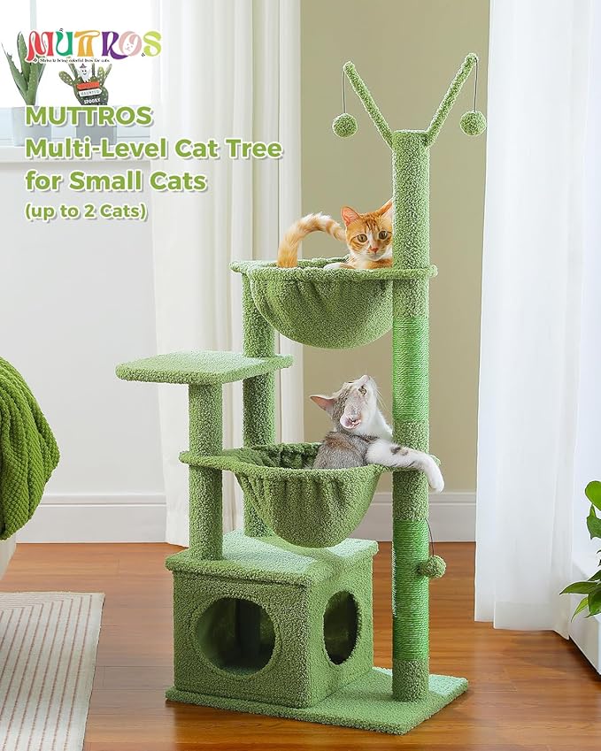 Cactus Cat Tree, 47.6" Cat Tower with 2 Metal Frame Hammock, Cat Scratching Post for Indoor Cats with 2 Removable Pompom Sticks for Kittens, Green-PawvioPets