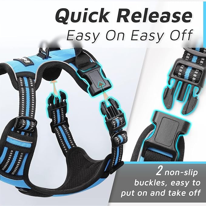 Eagloo Dog Harness Medium Sized Dog, No Pull Service Vest with Reflective Strips and Control Handle, Adjustable and Comfortable for Easy Walking, No Choke Pet Harness with 2 Metal Rings, Sky Blue, M-PawvioPets