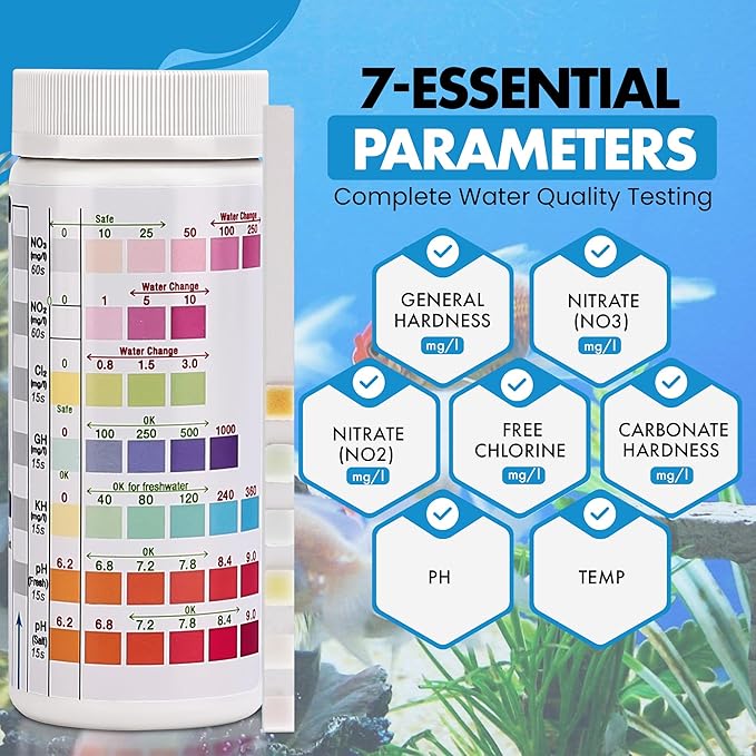 7 in 1 - Aquarium Test Strips | 100 Fast & Accurate Strips | Fish Tank Aquariums Water Test Kit & ebook | Aquarium Thermometer | Fish Tank Water Testing Kit for Fresh & Saltwater | Versatile Usage-PawvioPets