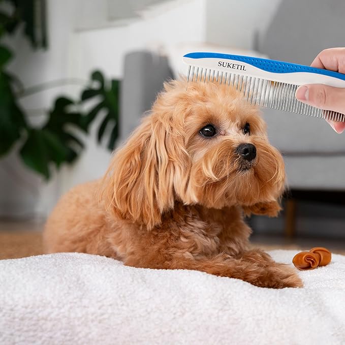 Dog Grooming Comb for Matting, Dog combs for grooming matting, Dematting Comb for Dogs and Cat with Stainless Steel Teeth & Non-Slip Handle (Style 1- Blue)-PawvioPets