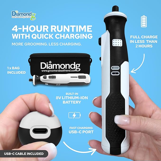Diamondg Cordless Dog Nail Grinder with Quiet Sound & LED Tip for Large & Small Dogs, 4hrs. Runtime, 2 Bits Included, White-PawvioPets