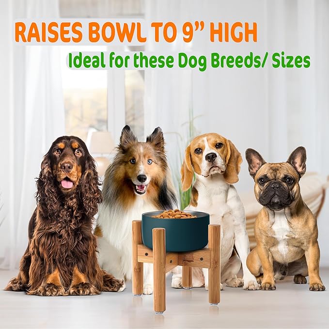 Dog Bowl Stand for Medium Breeds - Raises Bowls to 9-inch High, Ants/Bugs-Off - Adjustable, Fits Various Sizes of Dog Food/Water Bowls and Slow Feeders - Bamboo-PawvioPets