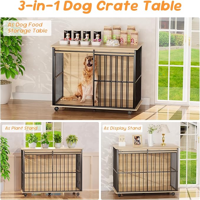 43.7" Dog Crate Furniture, XL Dog Crate Dog Kennel Indoor with Wheels for Large Medium Small Dogs, Wooden Dog Kennel End Table with Sliding Door Wooden Furniture Crates for Living Room, Bedroom-PawvioPets