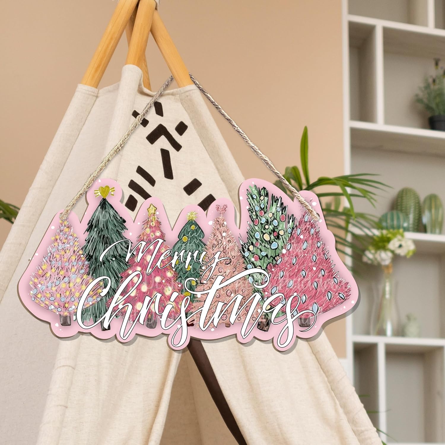 CGBHW Pink and Green Christmas Tree Wooden Sign, Merry Christmas Decoration Hanging Sign Wall Decor, Pink Christmas Holidays Theme for Home Office Girls College Dorm Door Decor 12 x 6 Inch