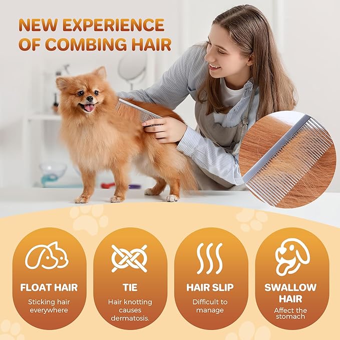 7.5 Inch Professional Stainless Steel Pet Grooming Comb for Dogs & Cats, Wide & Dense Teeth for Removing Tangles, Knots,Undercoat,Flea,Excess Hair, Rounded Corners Design for Safe,Metal Dematting Tool-PawvioPets