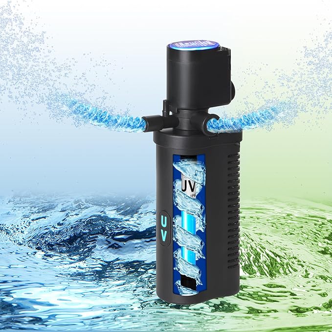 Aquarium U-V Filter 158GPH for 10-45 Gallon Small Betta Fish Turtle Tank, Internal Filter w/ Aeration Bio Sponge Green Clean Machine Green Killing Deodorization Keep Saltwater Freshwater Crystal Clear-PawvioPets