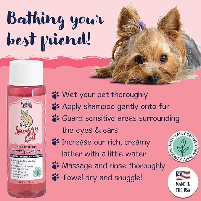 Bobbi Panter Cat Shampoo and Conditioner - Made in USA - All Natural 2-in-1 Formula for Reducing Shedding, Dander, Matting - Concentrated 10:1 for Professional Groomers - Watermelon Scent, 13 Oz-PawvioPets