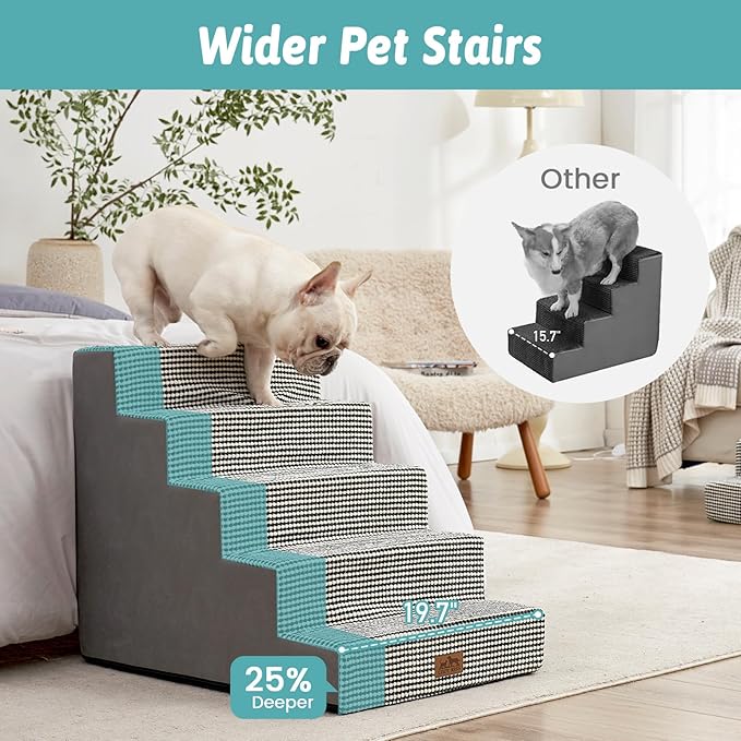 Dog Stairs for Small Dogs, 5 Tier Wider Pet Stairs for High Beds, 23.6" H Non-Slip Dog Steps for Old Cats, Puppies, Small Medium Dogs, 29.5x19.7x23.6 inch, White Black-PawvioPets