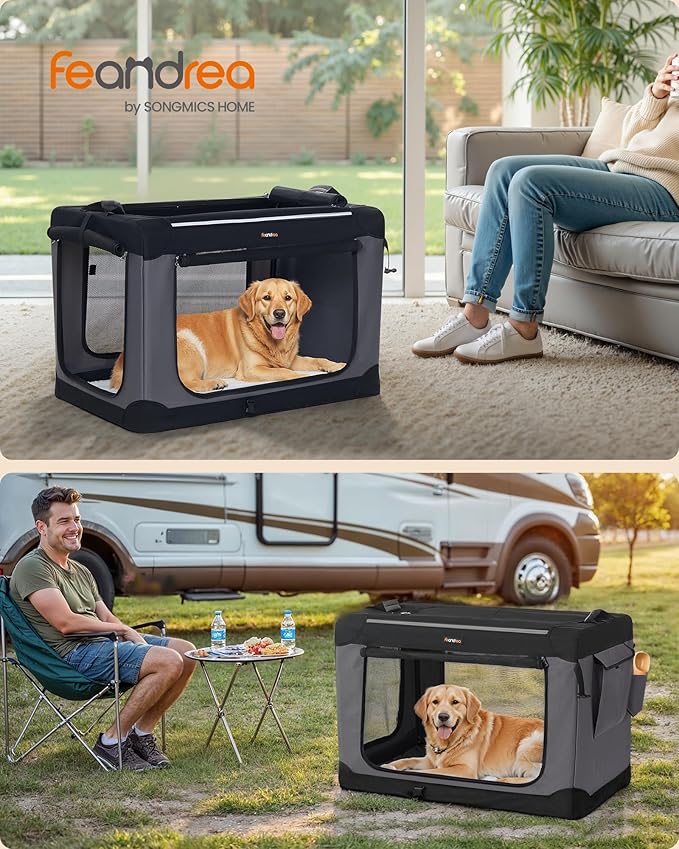 Feandrea Collapsible Dog Crate, 36-Inch Portable Dog Travel Crate for Large Dogs, Oxford Fabric Pet Carrier with 4 Mesh Doors, Handles, Storage Pocket, Water Bottle Holder, Ink Black UPDC019B01-PawvioPets