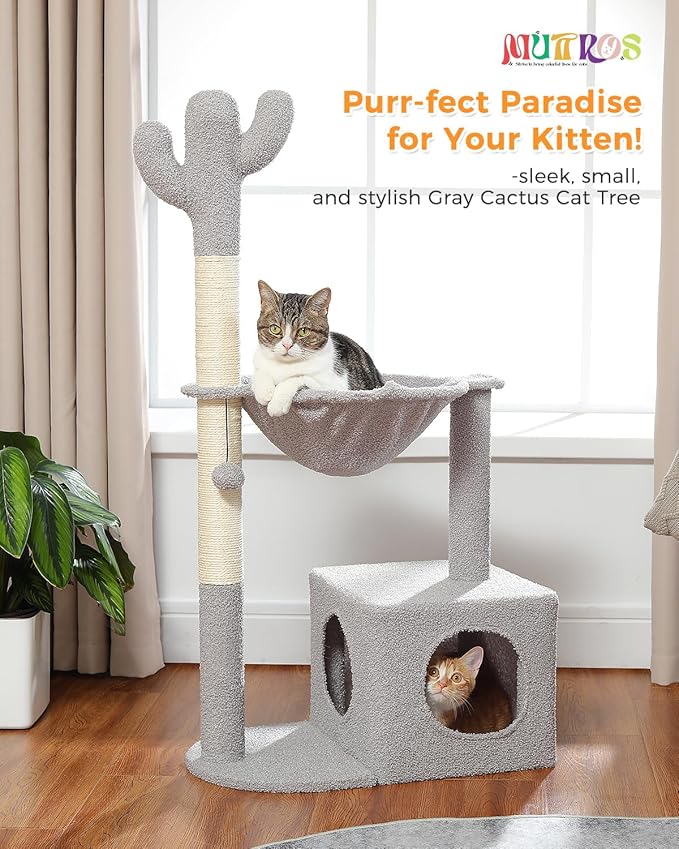 Cactus Cat Tree Cat Scratching Post 40" Cat Tower with Large Metal Carpet Hammock, Cat Scratching Post for Indoor Cats with Condo& Dangling Ball, Grey-PawvioPets