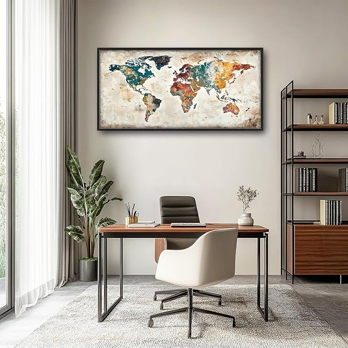 Extra Large Framed World Map Wall Art,Oversized Colorful Vintage Nautical Map Wall Decor Pictures for Living Room,Canvas Print Painting Modern Artwork Office Bedroom Home Decor 60L x30W-PawvioPets