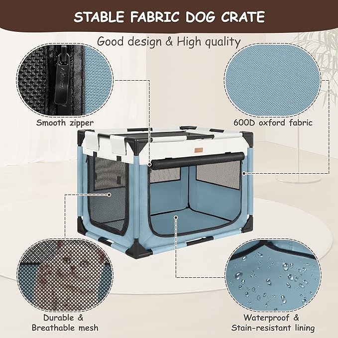 Dog Crate - Soft Pet Kennel for Dogs/Cats, 3-Door Breathable Travel Cage with Mesh Window, Portable Dog Kennel for Indoor & Outdoor, Blue-L-PawvioPets
