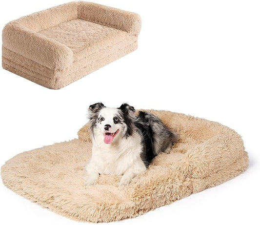 EHEYCIGA Foldable XXL Dog Bed, Faux Fur Fluffy Pet Couch Bed for Extra Large Dogs, Orthopedic Calming Memory Foam Big Pet Bed, Washable Soft Pet Sofa Bed with Non-Slip Bottom, Camel, 54"x38"x7.5"-PawvioPets