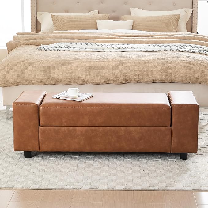 55" End of Bed Storage Bench Ottoman for Bedroom, Faux Leather Upholstered Entryway Bench Long Window Seating for Corner/Living Room/Recption Room/Office/Shop, Brown-PawvioPets