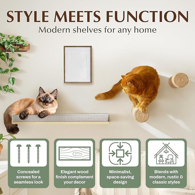2-Pack Sisal Wall-Mounted Cat Climbing Wall Steps, Cat Wall Steps/Stairs with Sisal Scratching Surface, Wall Shelf Furniture for Climbing & Play for Kittens & Cats, Hidden Mounts-PawvioPets