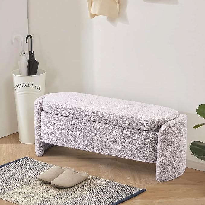 48 Inch Lamb Fleece Oval Storage Bench Upholstered Ottoman Bench with Storage, Bedroom Bench with Large Storage Space, for Bedroom Living Room Entryway, Grey-PawvioPets