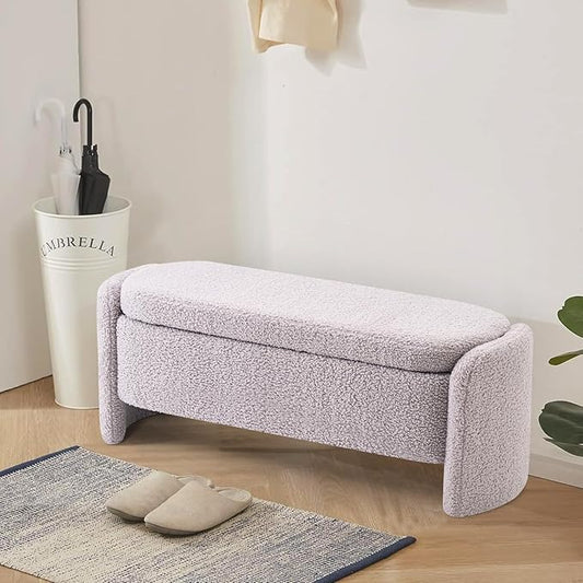 48 Inch Lamb Fleece Oval Storage Bench Upholstered Ottoman Bench with Storage, Bedroom Bench with Large Storage Space, for Bedroom Living Room Entryway, Grey-PawvioPets