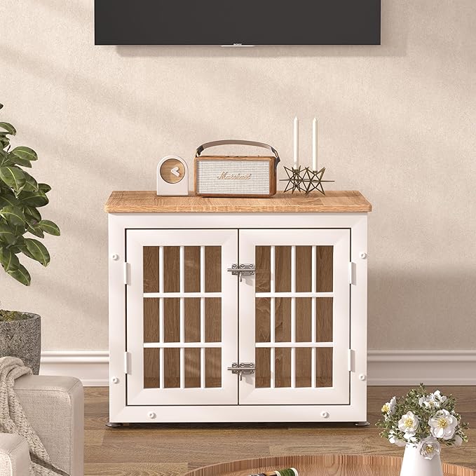 26" Heavy Duty Dog Crate Furniture for Small Dogs, Metal Kennel for High Anxiety Dogs, Chew Proof Pet Cage Indoor, Decorative Dog Kennel End Table,White-PawvioPets
