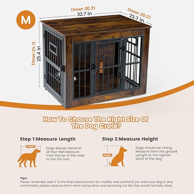 Gardner Pet Dog Crate Furniture for Medium Dogs, 32.7 Inch Dog Kennel Indoor, Wooden Dog Cage End Table with 2 Removable Bowls, Heavy Duty Dog Crate, Rustic Brown-PawvioPets