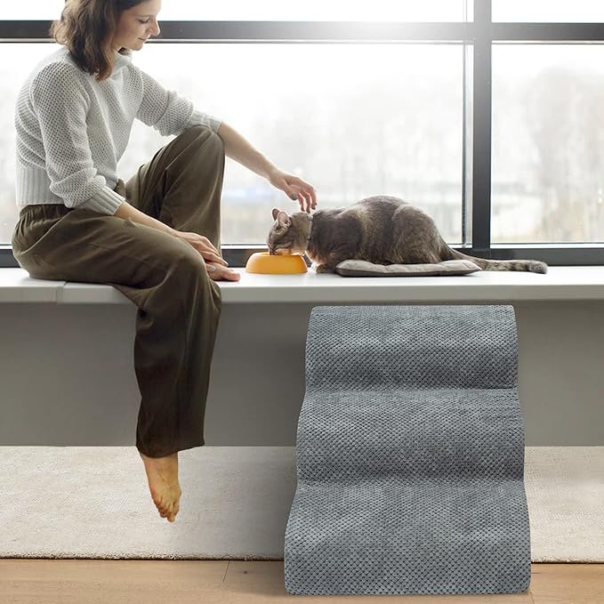 Dog Stairs for Small Dogs - High Density Foam Dog Ramp, Extra Wide Pet Steps with Non-Slip Bottom for High Beds, Couche and Sofa, Best for Dogs Injured, Older Doggy Cats (Grey, 3 Steps)-PawvioPets